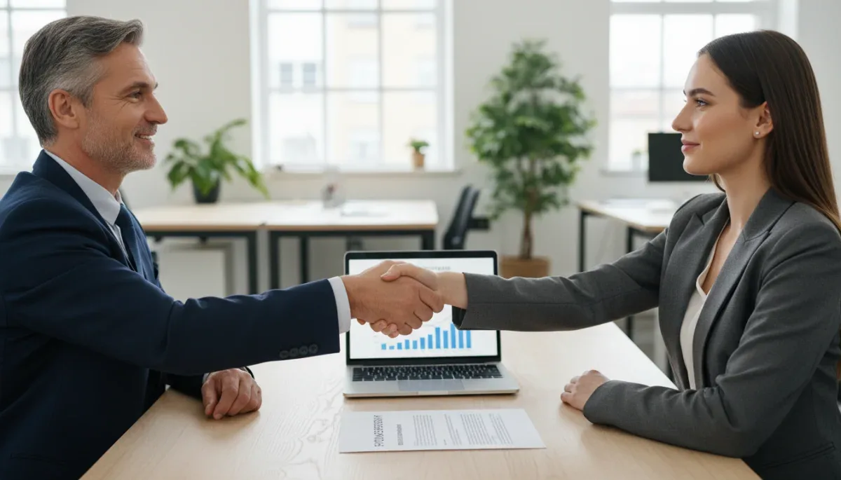Professional handshake between mentor and mentee, signifying a strong sponsorship relationship.