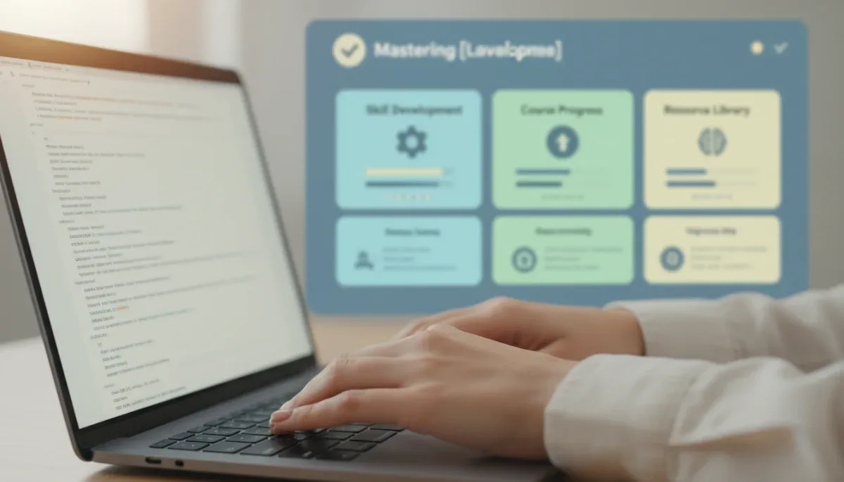 Hands typing on laptop, engaging with an online learning platform