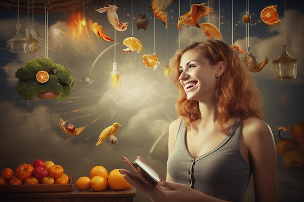 A person feeling energetic and vibrant, surrounded by healthy, colorful foods, indicating improved energy levels from a personalized diet.