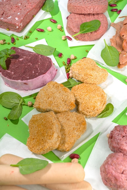 A close-up shot of various plant-based meat alternatives on a supermarket shelf, including burgers, sausages, and chicken substitutes, showcasing the wide variety of available products.