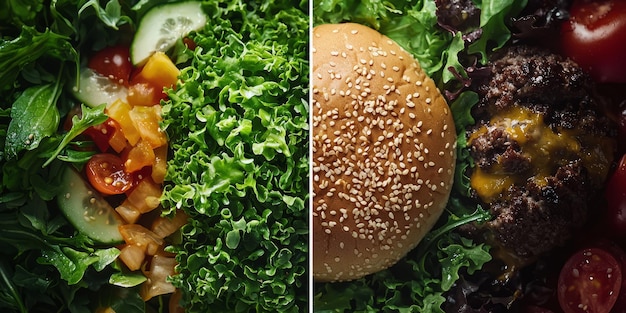 A split image showing contrasting meals: on one side, a processed fast-food burger and fries; on the other, a vibrant and healthy plant-based meal with fresh vegetables, whole grains, and legumes.