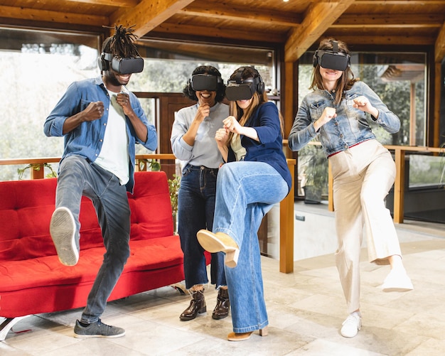 A diverse group of people in the US wearing VR headsets, engaged in various metaverse activities such as gaming, attending virtual concerts, and shopping in virtual stores.