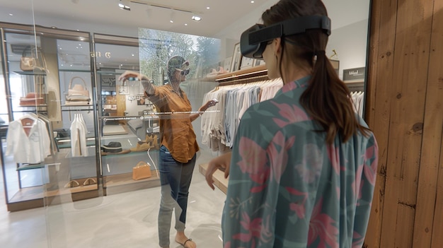 People in casual clothing utilizing AR glasses in a retail location, checking product information, reading reviews, and comparing prices superimposed onto the physical products on the shelves, showcasing an enhanced shopping experience.