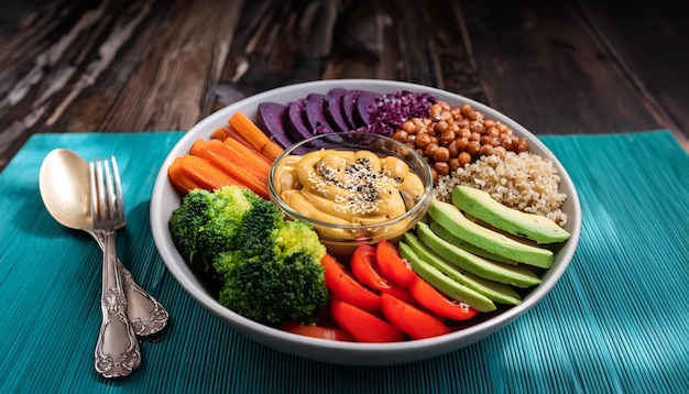 A well-balanced vegan plate featuring colorful vegetables, lentils, quinoa, nuts, and seeds, highlighting the variety and nutritional density of a plant-based meal.