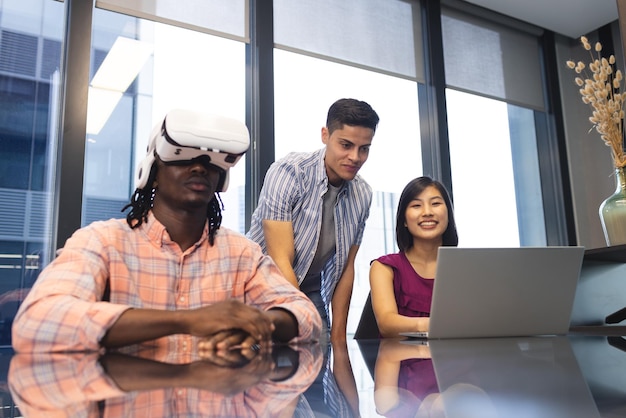 A diverse group of people collaborating in a virtual workspace, using avatars and digital tools to design and manage a project.