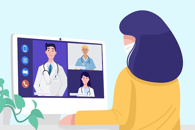 Depicts a friendly doctor engaged in a telehealth consultation with a patient. The doctor is reviewing medical records on a tablet, while the patient is comfortably seated at home, emphasizing the continuity of care through digital channels.