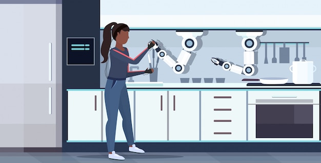A futuristic kitchen scenario in an assisted living facility. An AI-powered robotic arm is assisting a senior man with preparing a meal. The kitchen is equipped with smart sensors that monitor safety and provide voice-activated assistance.