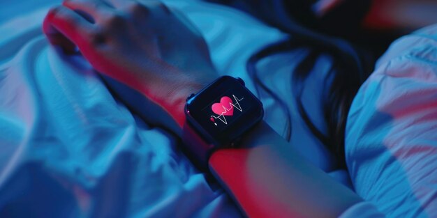 A close-up of a smartwatch displaying sleep data, including sleep stages, heart rate, and sleep duration. The background is blurred, focusing on the watch screen.
