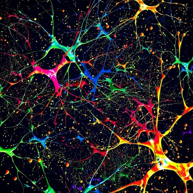 An abstract representation of the human brain composed of colorful, interconnected neurons and synapses firing. The colors are vibrant and represent the different regions of the brain and their functions.