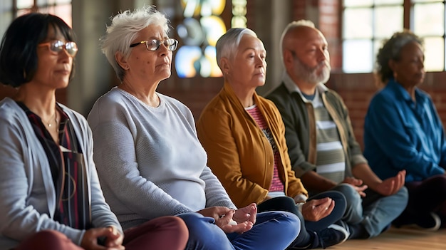 A group of seniors participating in a guided meditation session in a community center. They are sitting in chairs with their eyes closed, listening to the instructor. The room is well-lit and decorated with calming artwork.