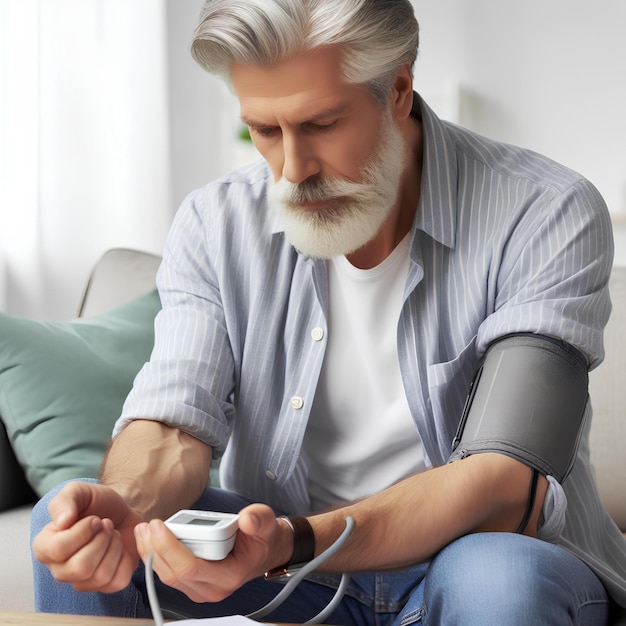 An older man having his blood pressure and blood sugar levels checked by a doctor during a routine check-up.