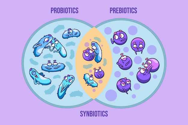 An infographic showing a comparison between a healthy gut microbiome with diverse bacterial species and an unhealthy gut microbiome with fewer species and an overgrowth of harmful bacteria.