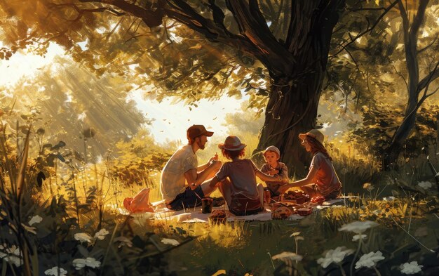 A family enjoying a picnic under a large shady tree at midday, all wearing hats and sunglasses.
