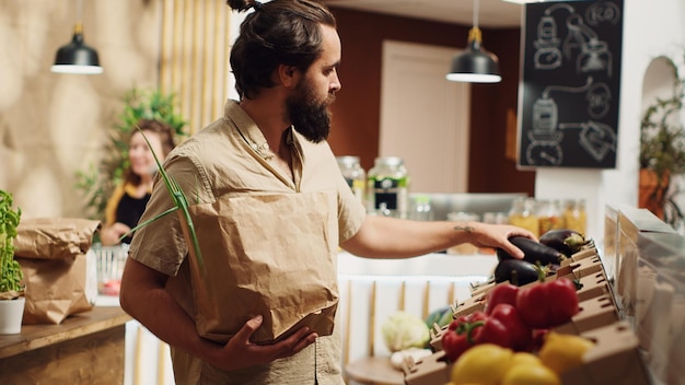 A person grocery shopping, selectively choosing fresh produce, whole grains, and lean protein sources from a well-stocked supermarket aisle, emphasizing healthy food choices.