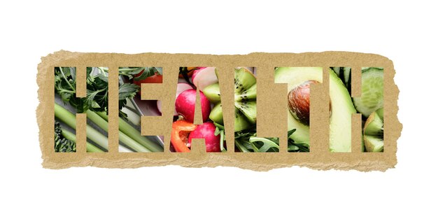 A split-screen image. One side shows fresh fruits and vegetables with a label indicating 