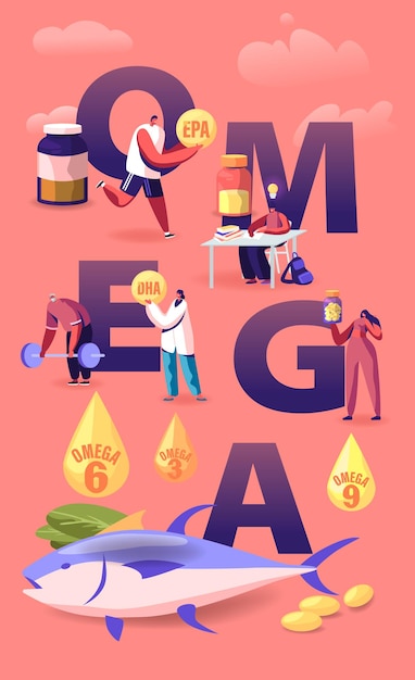 Colorful infographic illustrating different types of omega-3 fatty acids (ALA, EPA, DHA) with food sources listed under each. Visual cues highlight the primary benefits associated with each type, such as brain health for DHA and heart health for EPA.