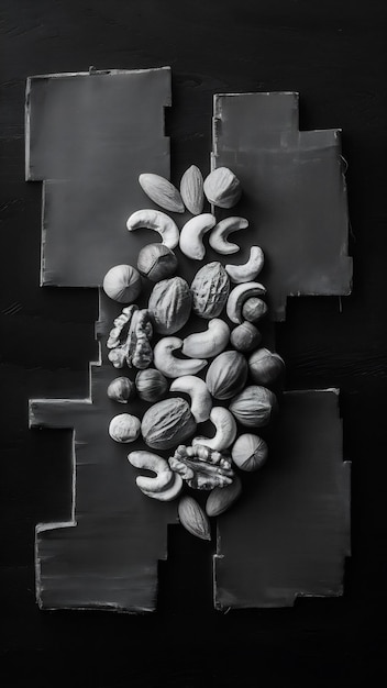 An artistic, close-up composition featuring a variety of nuts and seeds (almonds, walnuts, chia seeds, flaxseeds) arranged on a dark wooden surface. Focus is on the textures, shapes, and natural colors of the nuts and seeds, with soft lighting to enhance their appearance, conveying a sense of natural health and wholesome eating.