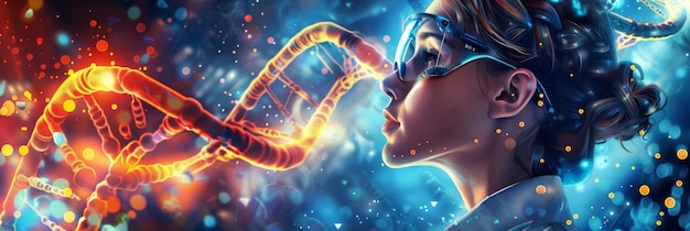 A person holding a test tube with DNA strands floating inside, overlaid with images of diverse foods like fruits, vegetables, and grains, symbolizing personalized dietary recommendations based on genetic testing.