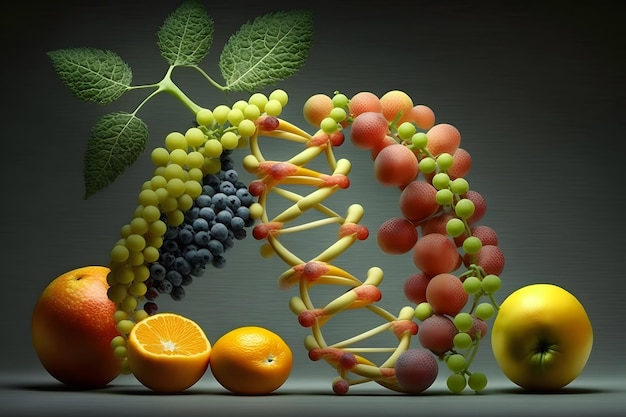 A graphic illustrating a DNA strand combining with fresh fruits and vegetables, symbolizing a personalized dietary plan optimizing nutrient intake and promoting overall health, shown in a bright, modern laboratory setting.
