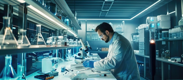 A laboratory setting with scientists analyzing DNA samples, showcasing advanced technology and complex machinery used in genetic testing for personalized nutrition. Include charts and graphs displaying genetic data analysis.