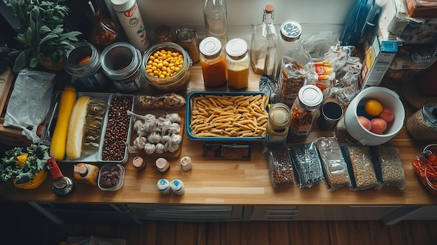 A cluttered kitchen counter with various processed food items. Focus is on the back of a cereal box with a highlighted section of the nutrition label pointing out different types of added sugars. The image conveys the idea that hidden sugars are prevalent in everyday foods.