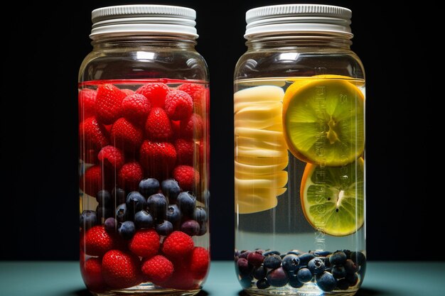 A split image showing two beverages - one being a seemingly 'healthy' juice with a surprising amount of sugar listed on the label, and the other being plain water.