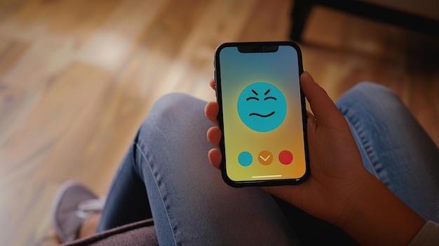 A close-up of a smartphone screen displaying a mood tracking interface on a mental health app. The interface shows a calendar view with various mood icons (happy, sad, anxious) marked on different days. The user is in the process of selecting a mood icon for the current day, their finger hovering over the screen.