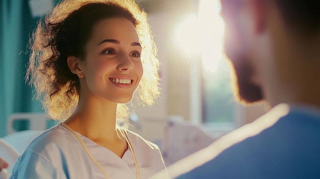A nurse practitioner in a brightly lit clinic, smiling and attentively listening to a patient describe their symptoms. The setting is modern and reassuring, suggesting a positive healthcare experience.