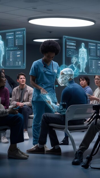 A group of medical students participating in a hands-on training session in a modern simulation lab, guided by experienced primary care physicians. The scene emphasizes collaboration, innovation in medical education, and a focus on primary care skills.