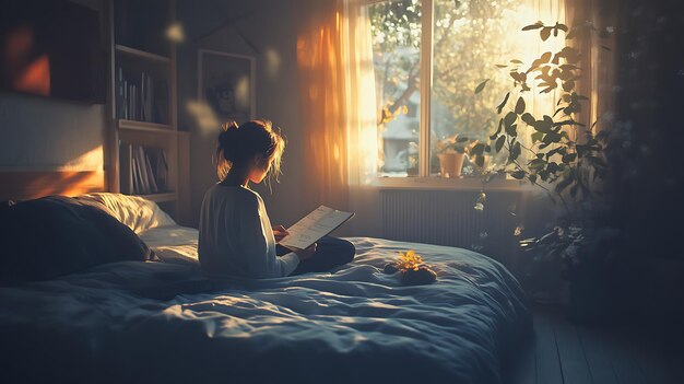 A serene bedroom scene with soft lighting, a comfortable bed, and calming colors. A person is seen reading a book in bed, creating a peaceful and relaxing atmosphere that promotes restful sleep.
