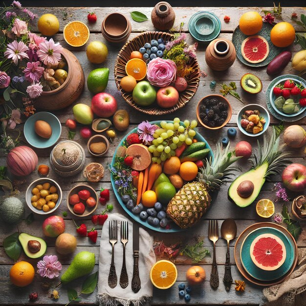 An image showcasing a variety of healthy, colorful foods arranged on a table. The foods should include fruits, vegetables, lean proteins, and whole grains. The presentation should be appealing and highlight the diversity of options available for a balanced meal plan.