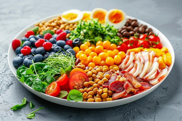 A diverse plate filled with colorful vegetables, fruits, whole grains, and plant-based protein sources, representing a balanced and nutritious plant-based meal.